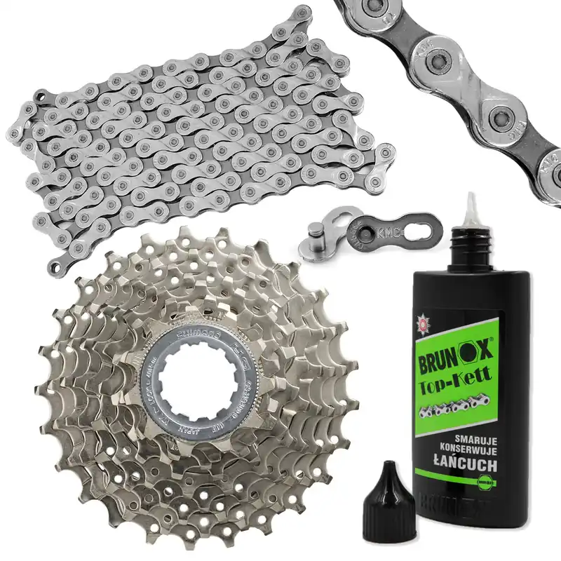 Oferta limitowana Zestaw Kaseta rowerowa Shimano CS-HG400 9-rzędowa + Łańcuch KMC X9.93 ze spinką + Olej Top Kett 100 ml
